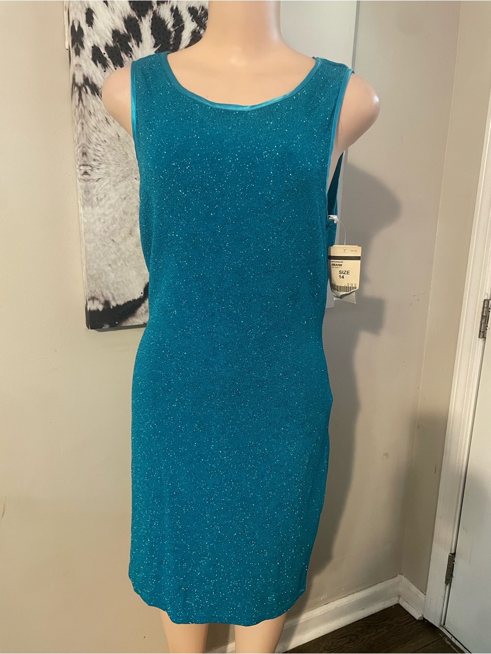 Vintage 90s - 00s Teal Glitter shift dress connected Apparel Sparkle Knit deadst